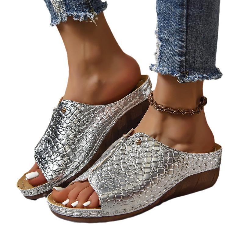 New Large Size Slippers Thick Bottom Fish Mouth Sewing Line Women's Slippers Crocodile Pattern Women's Slippers