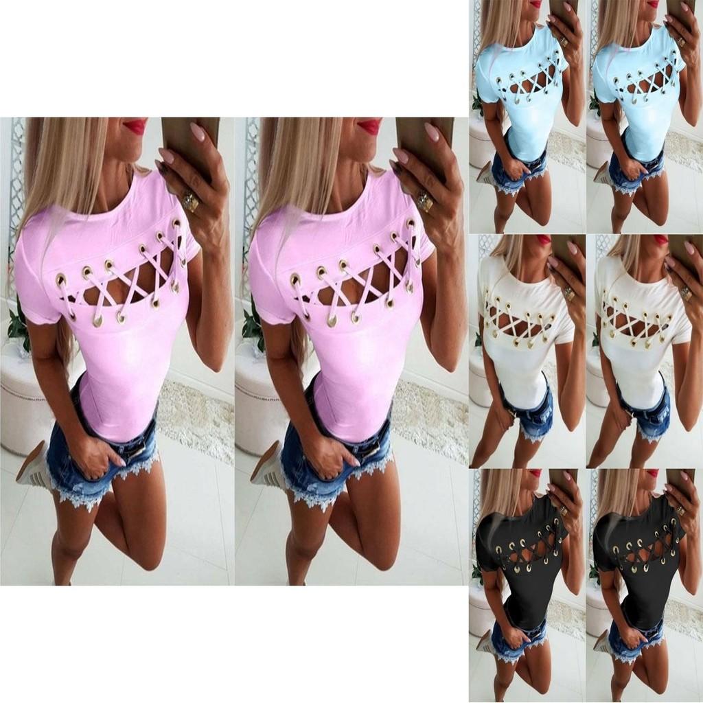 Elegant Sexy Ladies Women's Short Sleeve Cross Lace Up Bodycon Blouse Tops Slim T-shirt