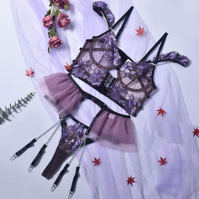 TERMEZY Sexy Lace Lingerie French Thin Transparent Underwear Female Embroidery Brassiere 3-Piece Exotic Bra and Garter Thong Sets