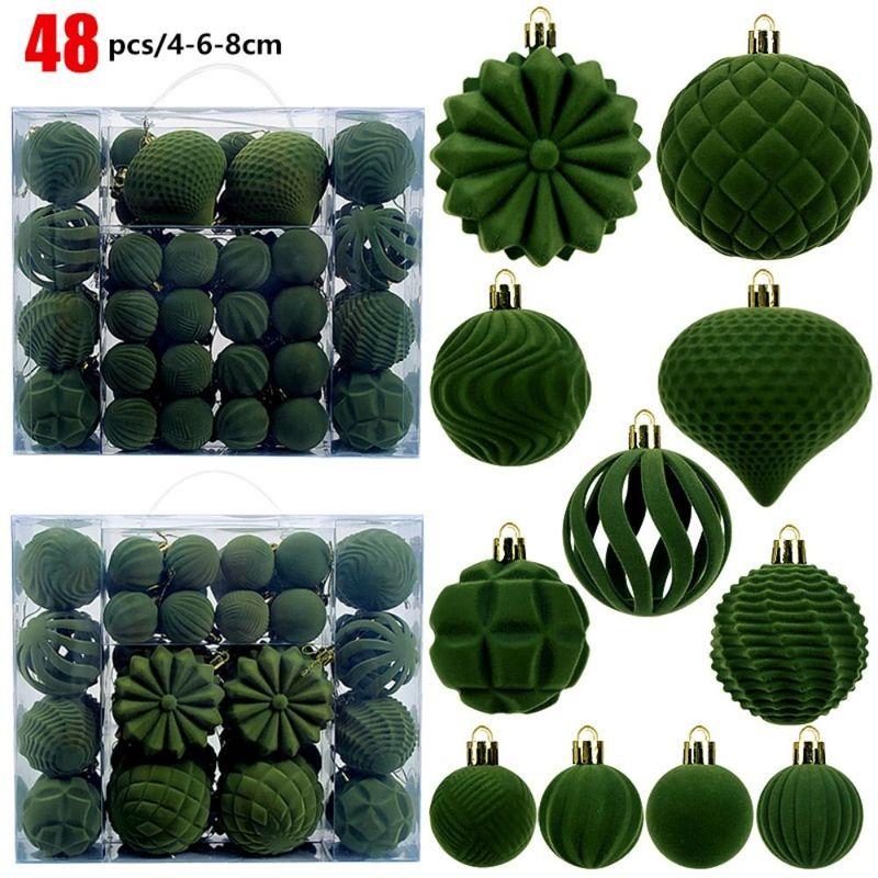 48PCS Plastic Flocked Christmas Ball 7 Colors Suspensable Christmas Tree Balls 4/6/8cm Xmas Baubles Home