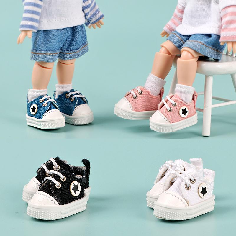 High Quality Pair Of 1:12 Dollhouse Low Top Canvas Shoes Star Pattern Shoes Suit For Ob11 1/12 Bjd Doll Gsc DOD YMY Doll Accessories