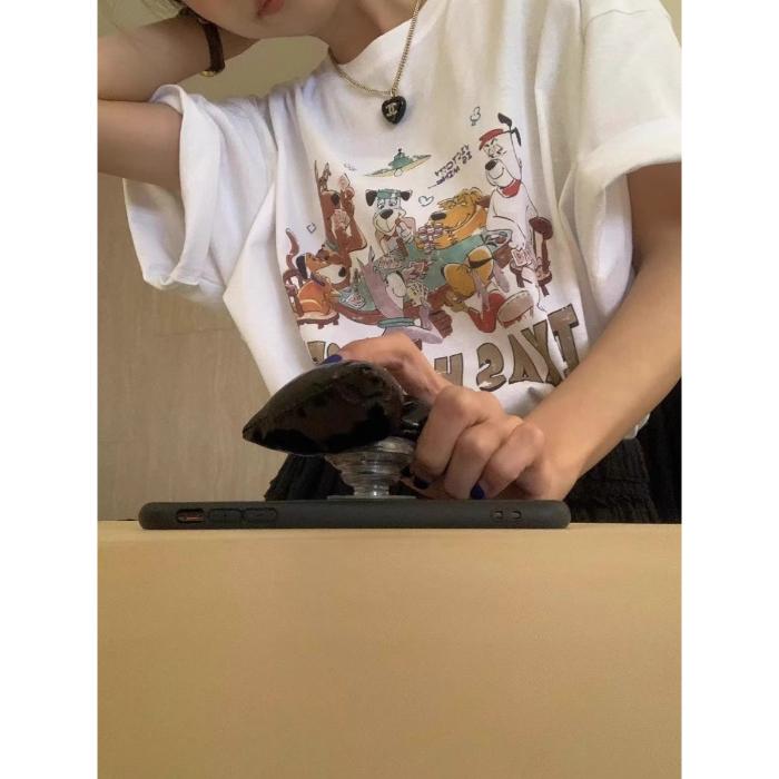 Koreansk Ärmlös Sommar Tecknad Hundtryck Kort Ärm Mellanlång T-shirt Dam Bomull 00% Bekväm Vardagstopp