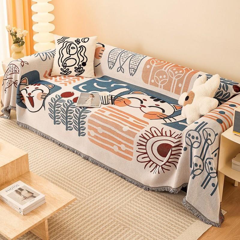 Cartoon Sofa Throw Cover Universal Fit All-Season Knitted Jacquard Blanket Living Room Bedroom Pet-Resistant