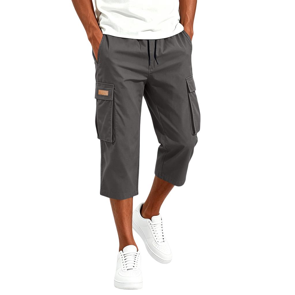 Men's Cargo Drawstring Pants Casual Multi Pocket Capri Work Trousers Lightweight Breathable Outdoor Utility Pants for Daily Wear