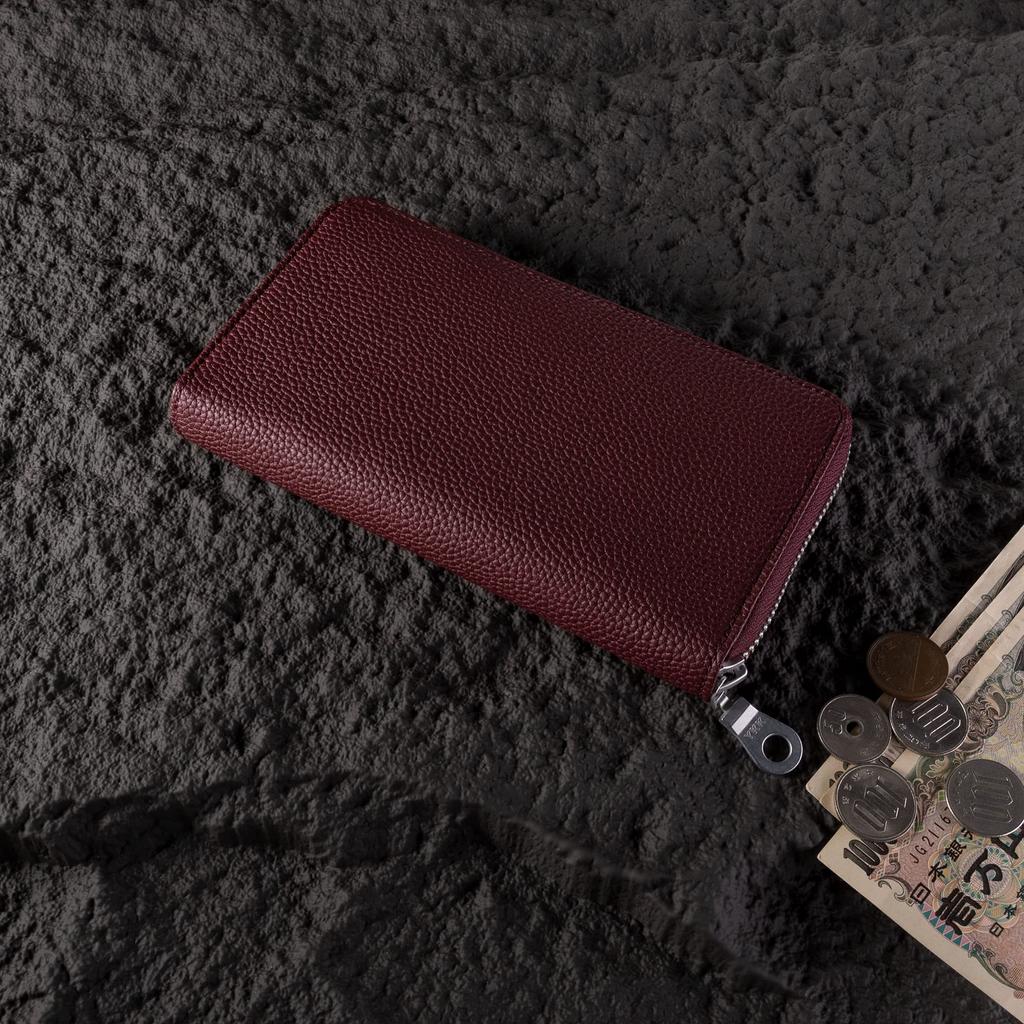 HANATORA Genuine Leather Long Wallet, Shrink Leather, Zippered, Slim, Card Case, Bankbook Compartment, Bill Compartment, Simple Design, PurpleWine