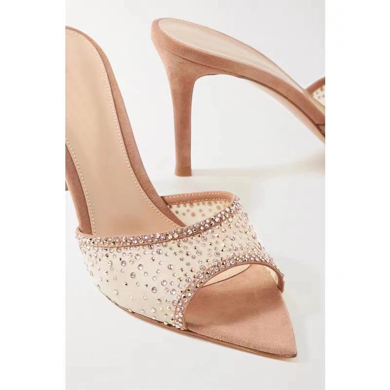 Fashion Rhinestone Mesh Cloth Slip On Women Slippers Pointed Toe Shallow Thin Heels Nude Suede Comfortable Indoor Sandals Crystal Bling