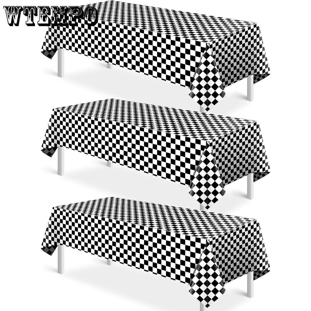 3pcs Race Car Checkered Plastic Tablecloth Black and White Racing Table Cover Disposable Cars Table Cloth for Car Theme Birthday Party Supplies
