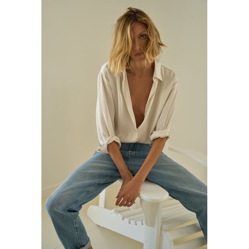 Spring New Style White Tops Lapel Loose Long Sleeves Classic Silk Satin Textured Shirt for Women 7969046