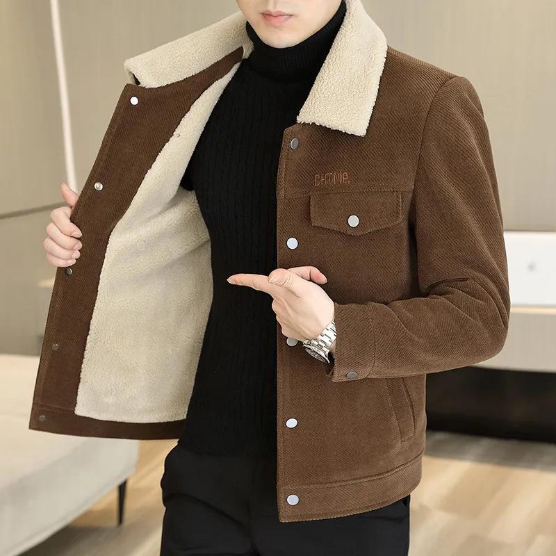 Men's Autumn and Winter Lapel Jacket, Solid Color Sheepskin Woolen Coat with Fur Collar and Fleece Warm Middle-aged Jacket