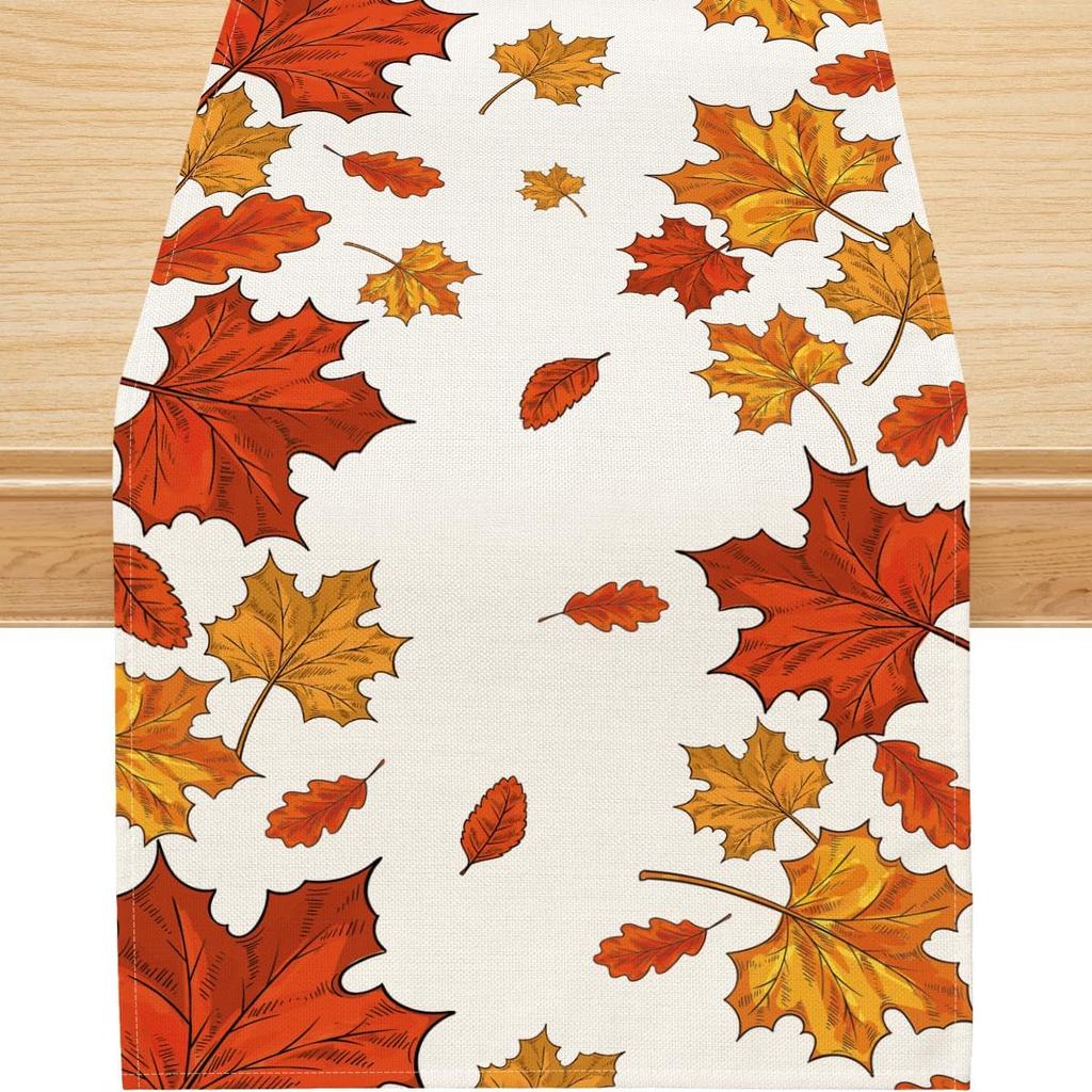 Fall Harvest Maple Leaf Linen Table Runner Holiday Party Decor Reusable Farmhouse Kitchen Dining Table Runner Autumn Decorations