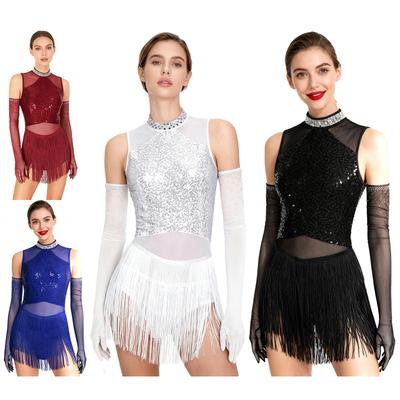 Womens Latin Dance Costume Sparkle Rhinestone Collar Mesh Patchwork Fringe Sequin Performance Dress