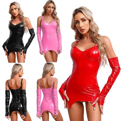 Dámske lesklé lakované bodycon šaty s nastaviteľnými ramienkami vzadu na zips minišaty s rukávmi Sexy klubové oblečenie