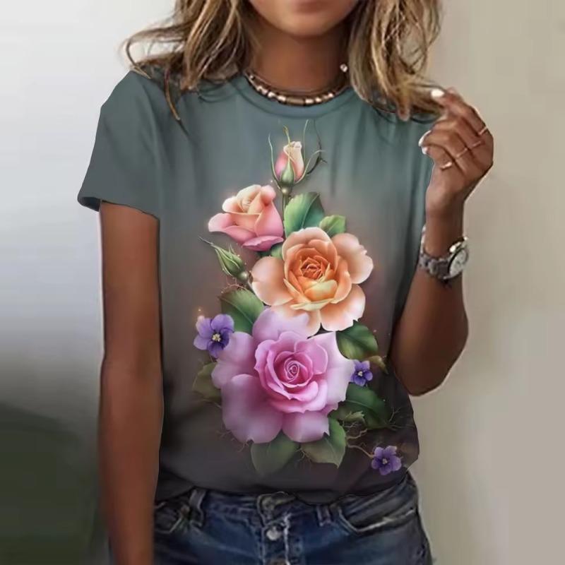 Summer Round Neck Women's T-shirt Fashion 3D Printed Flower Pattern Top Comfortable Loose Short Sleeve T-shirt