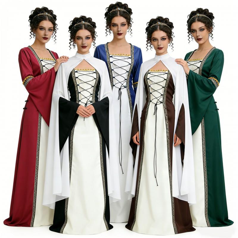 Medieval Gothic Costume Dress With Cape Women Halloween Party Cosplay Victorian Renaissance Outfit S-5XL