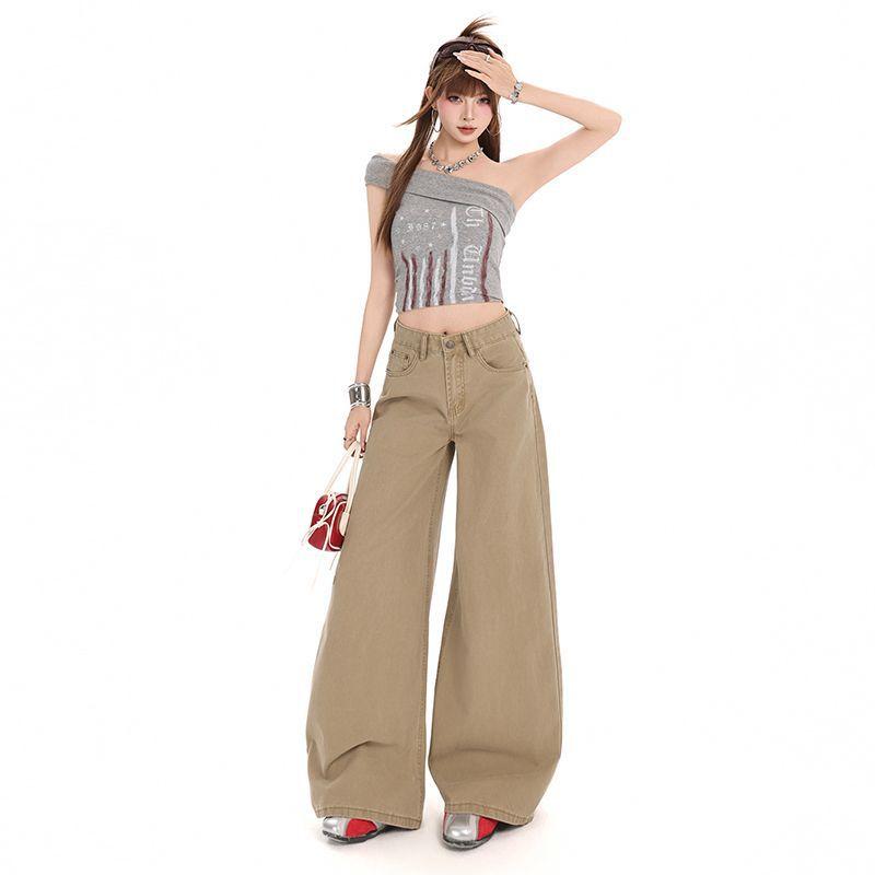 Spring Summer Khaki High Waist Relaxed Straight Wide Leg Floor Sweeping Slim Casual Denim Pants Ladies Casual Pants Oversize Denim Trousers