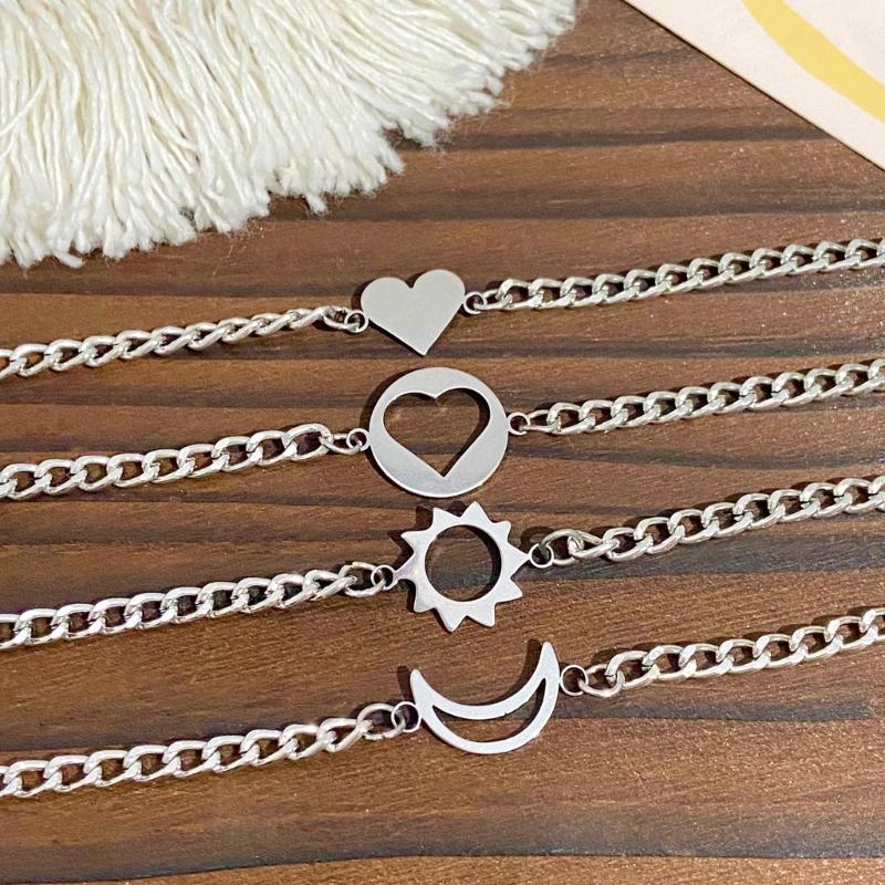 2Pcs/set Stainless Steel Simple Hollow Love Sun Moon Chain Bracelets Temperament Ins Chain Ladies Couple Card Bracelet