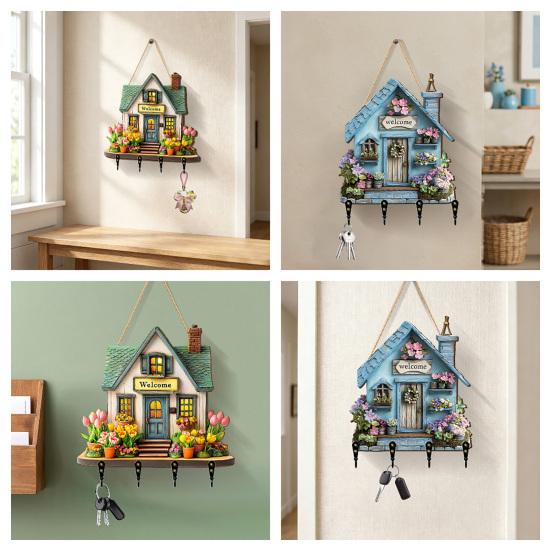 Hängendes Schild 'Feenhaus' aus Holz, Schlüsselhalter im Landhausstil Wanddeko mit 4 Haken, Vintage Blumen-Hängegestell für Eingangsbereich Flur Küche