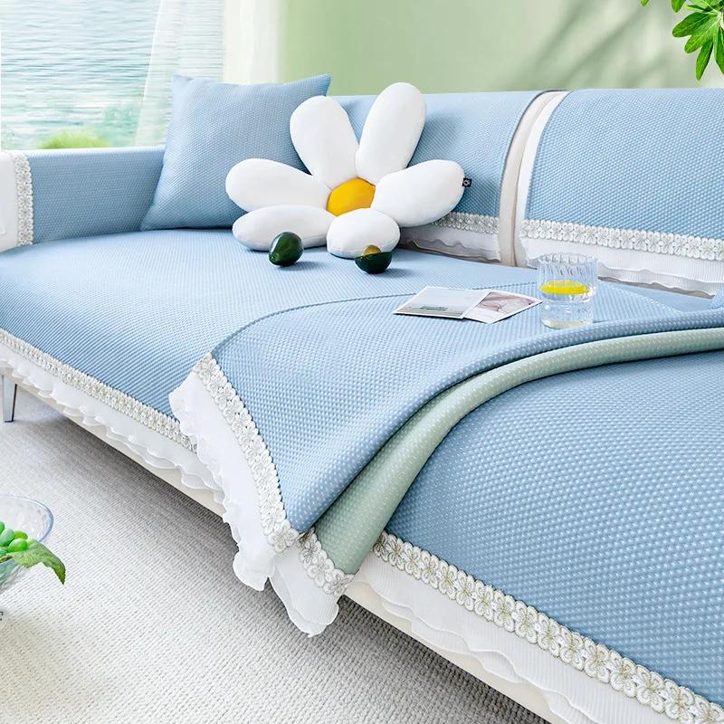 Summer Cooling Couch Cushion White Side AntiSlip Sofa Cover for Living Room Summer Breathable Ice Silk Lace Solid Color Sofa Mat