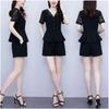 Women's Plus Size 2-piece Lace Trimmed V-neck Top And Shorts Slim Fit Summer Set Pure Black