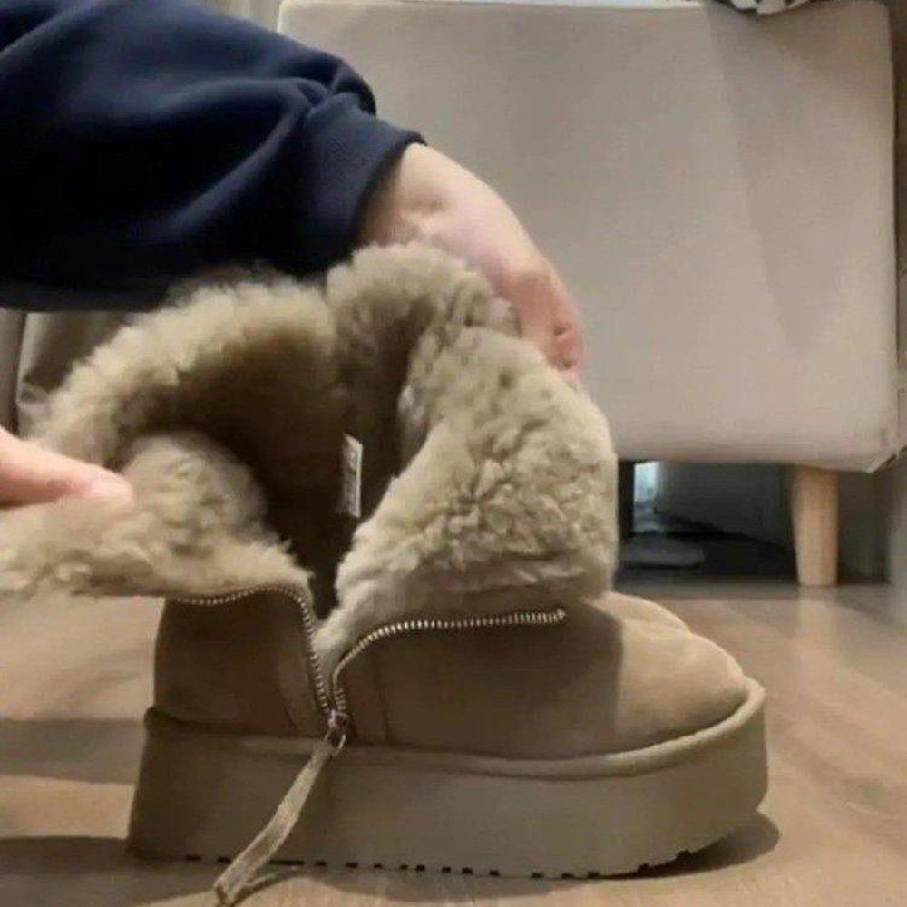 Velvet and Thick Cotton Boots  Warm Fur Integrated Short Tube Thick Bottom Snow Boots for Women with Side Zipper