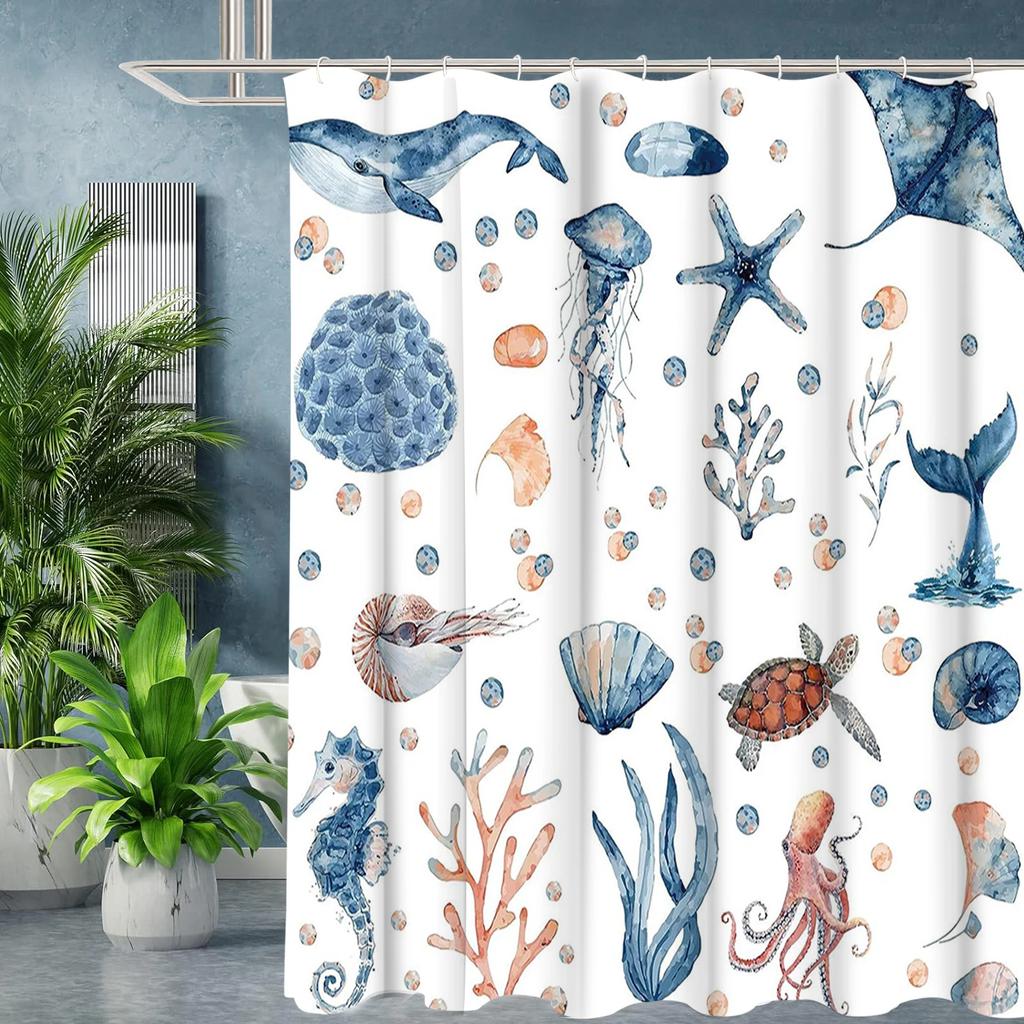 Painting Style Sea World Pattern Bathing Curtain Bathroom Shower Curtain Waterproof With 12 Hooks Home Deco