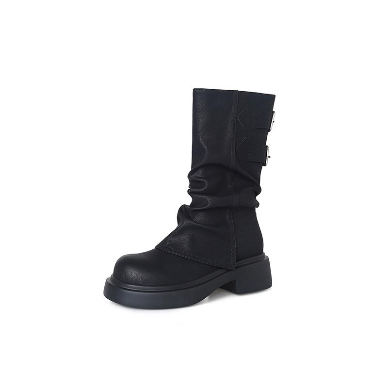 Maillard Pleated Pile Medium Boots Women's Muffin Pants Boots Western Cowboy Boots High Heel