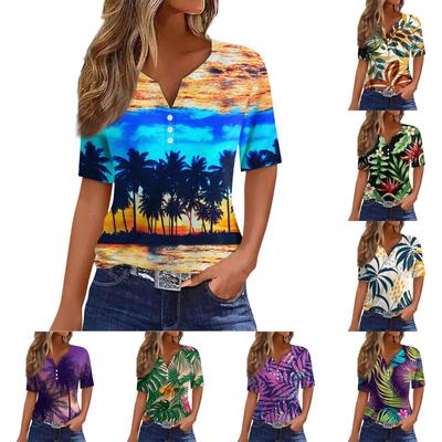 Women's T Shirt Print Button Short Sleeve Daily Weekend Fashion Basic V- Neck Regular Top