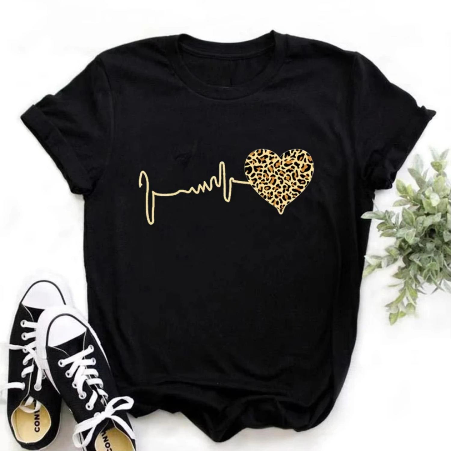 Leopard Print Love Women Casual Trend Short Sleeve Summer Printing New Heart Pattern Harajuku T-Shirt S чёрный