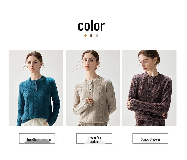 Pull élégant en tricot cachemire pour femme, Automne/Hiver 2026: Col rond, Demi-boutonnage, Coupe ample, Épais et élégant