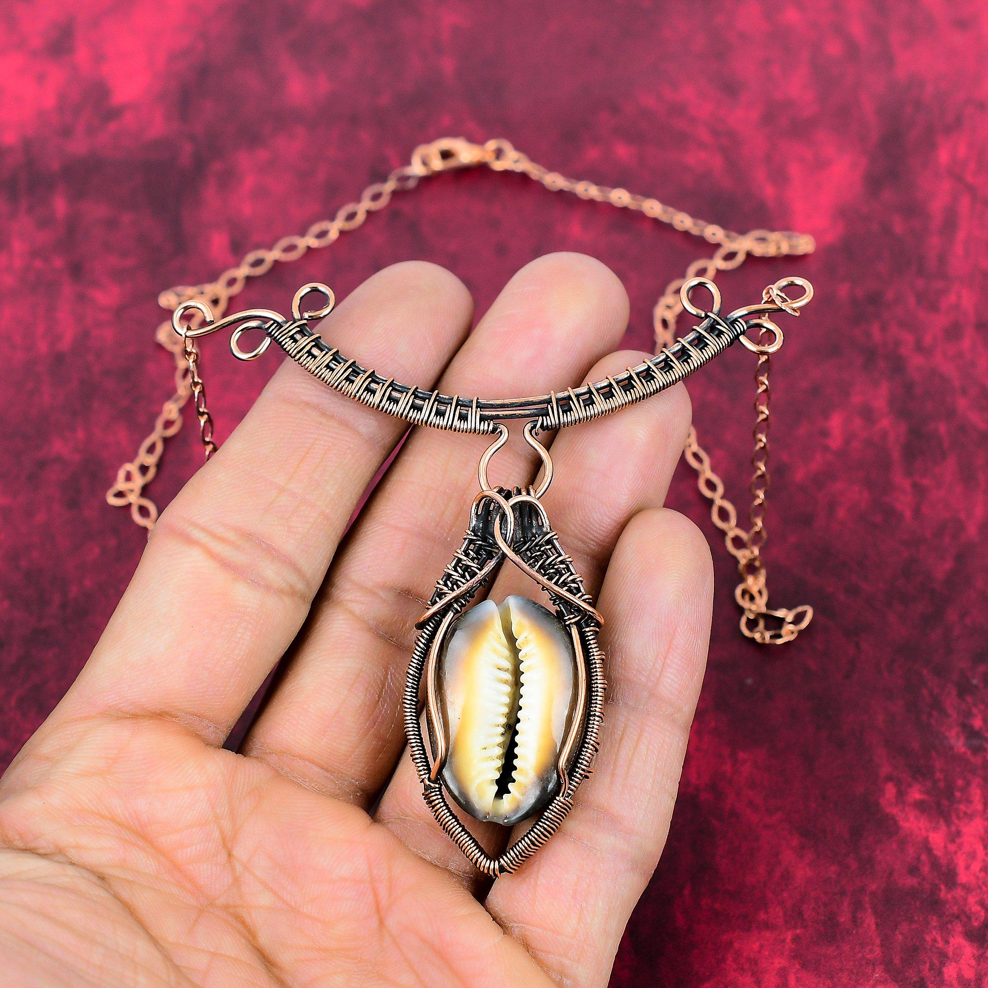 Cowrie Shell Necklace Copper Wire Wrapped Necklace Adjustable Chain Necklace Copper Wire Jewelry Handmade Necklace Gemstone Jewelry For Gift Adjustable