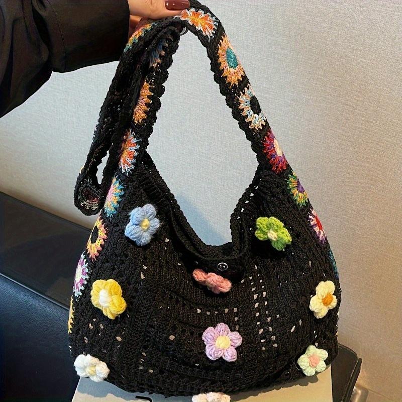 Bohemian Vintage Hollow Floral Contrast Casual Messenger Bag - Assorted Color Fabric with Buttons, Washable By Hand, Open Design, Ideal for Women