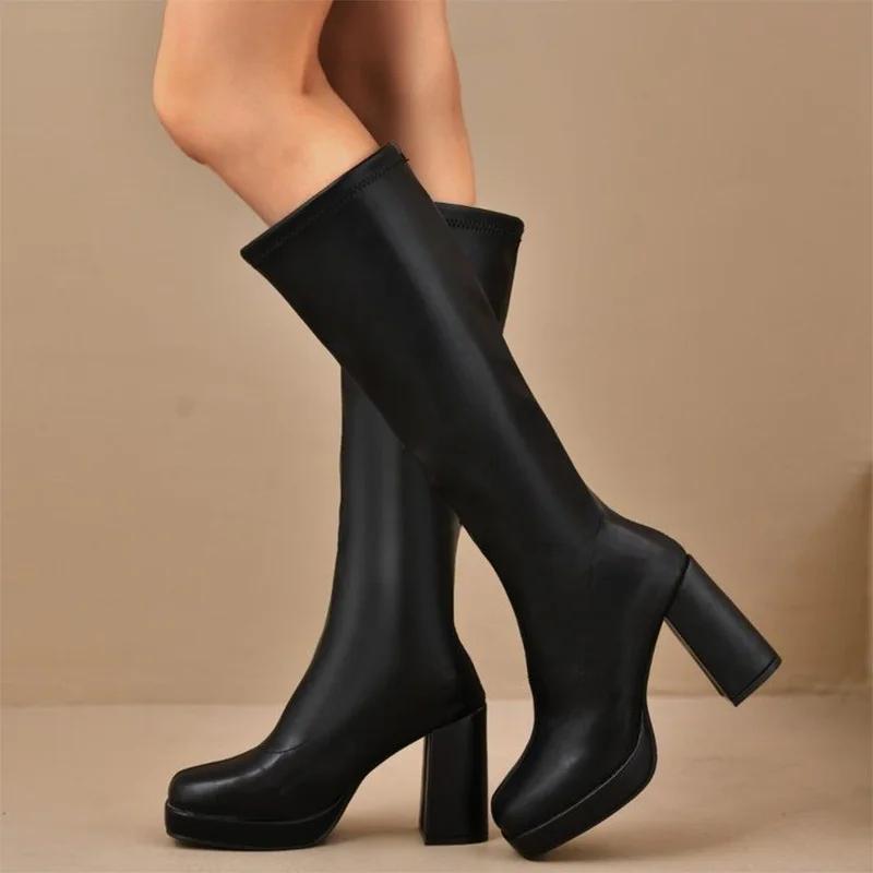 Fashion Plus Size High Heels Boots for Women Square Heeled Chunky Platform Knee-High Boots Woman 2025 Winter Thick Sole Square Toe Boots