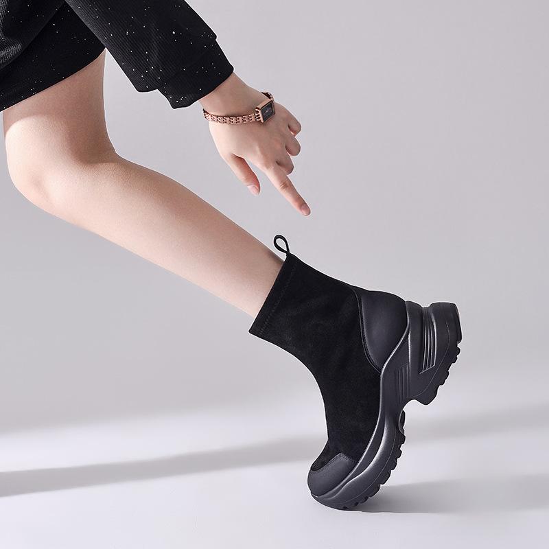 Yang Mi same 2025 new velvet cocoa dolphin boots free velvet sound retro elastic boots thick-soled thin boots women