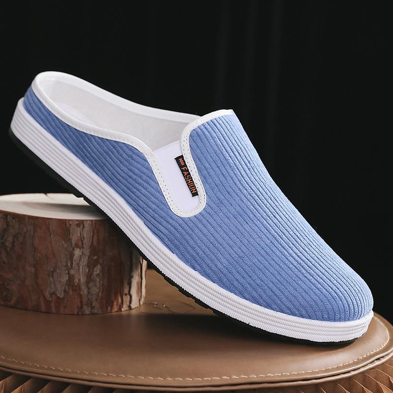 Men's Summer Old Beijing Cloth Slippers Breathable Comfortable Backless Slip-On Casual Shoes Outdoor Lazy Half Open Back Design