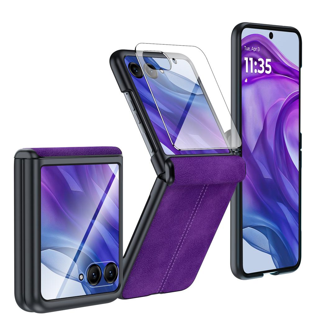 for Motorola Razr Ultra 2024 Case/Razr 50 Ultra Case,Built-in Screen Protector & Hinge Protection & Ultra Thin PU Leather Matte PC Phone Case-Rose Red