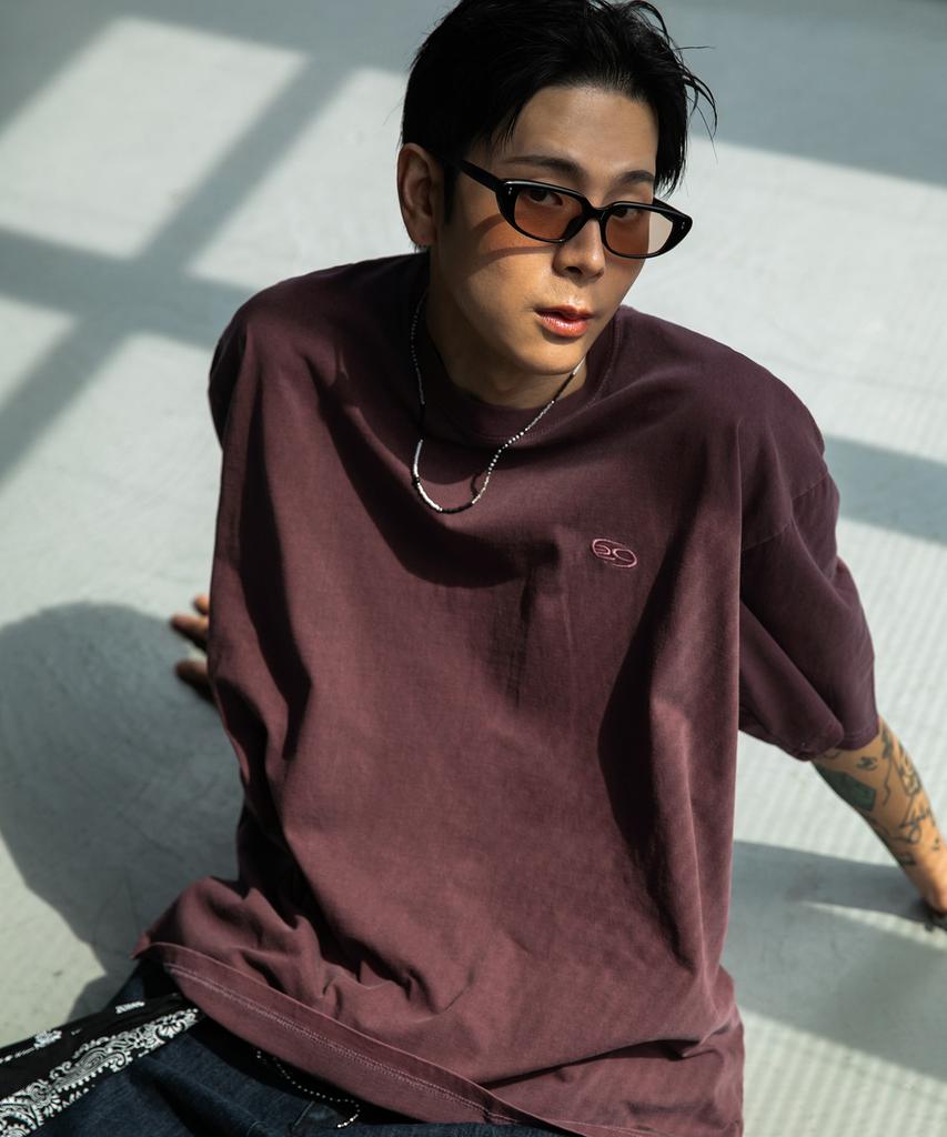 BURNING CAPONE Bc Pigment Symbol Embroidery Short Sleeve T-Shirt (Burgundy)