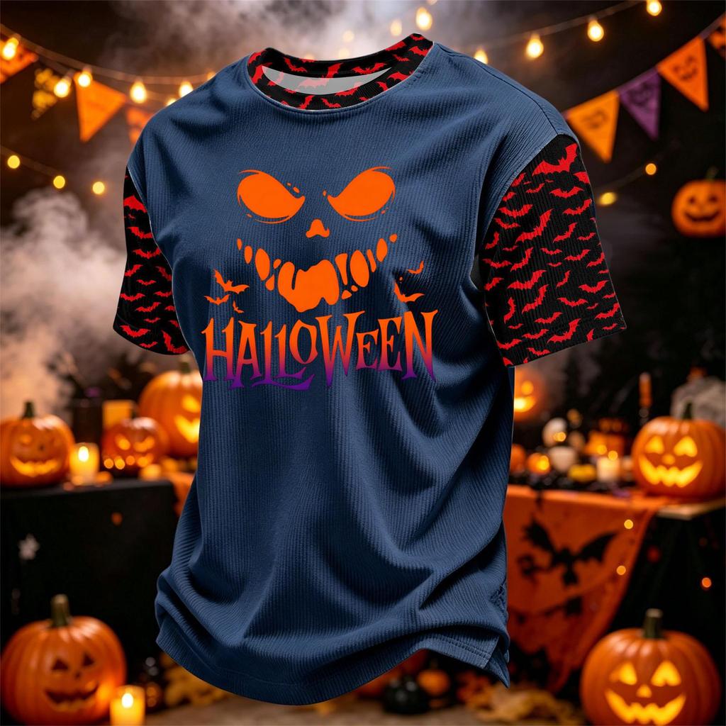 Men's Casual Corduroy Round Neck Lightweight Breathable Short Sleeve Top Halloween Print Lettering Design