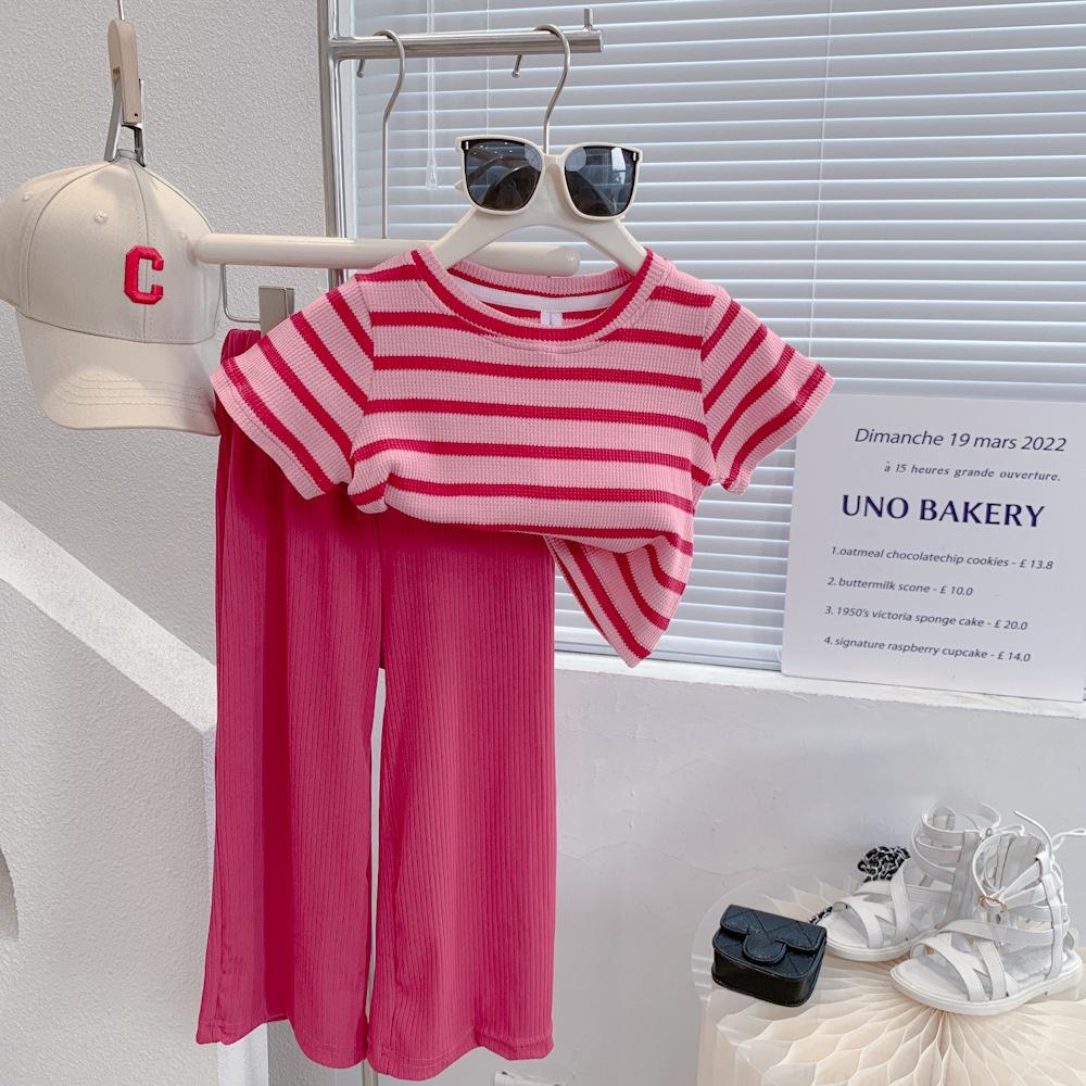Girls Clothing Set Summer Korean Children Set Girls Stripe Knitted Short Sleeve+Red Wide Leg Pants 2 Sets