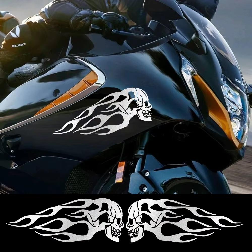 2PCS Motorcycle Oil Tank Stickers Creative Universal Motorbike Flame Skull Decals Tank Reflective Waterproof Decor Accessories