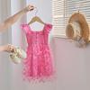 3D Butterfly Mesh Puff Sleeve Girls' Dress - 2025 Summer Smocked Waist Baby Princess Style