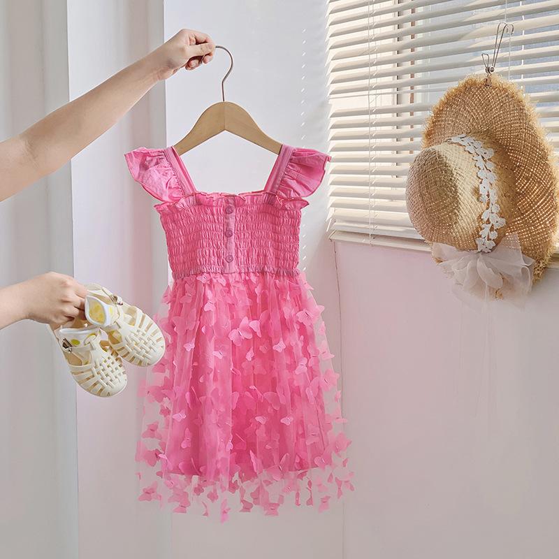 3D Butterfly Mesh Puff Sleeve Girls' Dress - 2025 Summer Smocked Waist Baby Princess Style