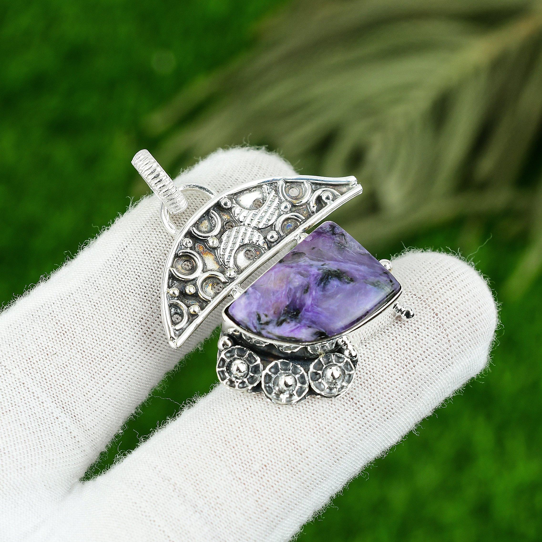 

925 Silver Trillion Russian Charoite Stone Bezel Sister Elegant Art Deco Pendant