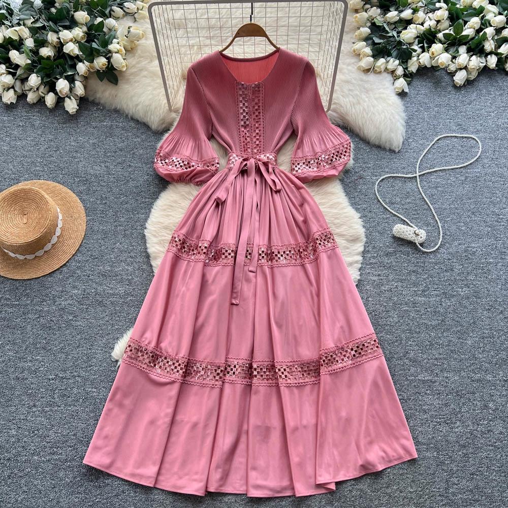 High-End Heavywork Lacing Paillette-Panel Waist-Banding Lantern Sleeve Maxi Dress for Women Autumn Charming Long Women Dress