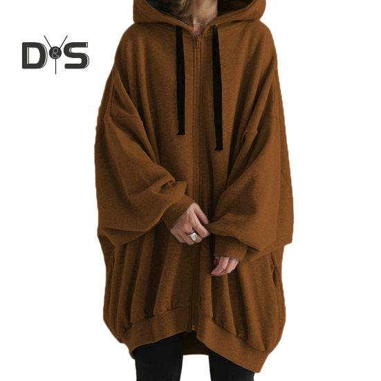 

Женская осенняя толстовка с капюшоном на шнурке, пальто с карманами и длинными рукавами, планка на молнии средней длины, однотонная верхняя одежда с капюшоном 3XL кофейный