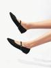 Women's Black Square Toe Ballet Mary Jane Flats with Geometric Square Pattern and Black Buckle Strap