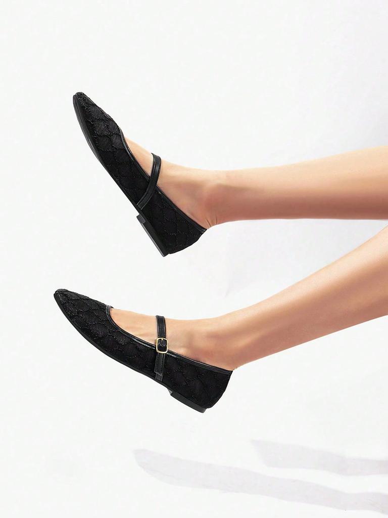 Women's Black Square Toe Ballet Mary Jane Flats with Geometric Square Pattern and Black Buckle Strap