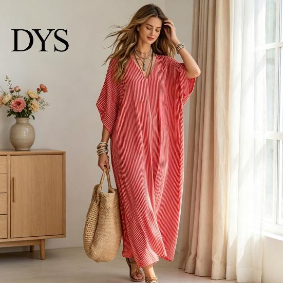 Breathable Beach Dress Women V-Neck Striped Dress, Summer Half Sleeve Casual Ankle Daily Length Loose Swing for Vacation Wear Soft