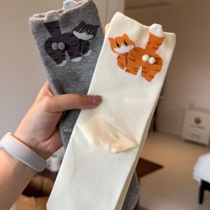 Women's Summer Cartoon Cat Jingle Bell Socks - Japanese Style Mid-Calf Length