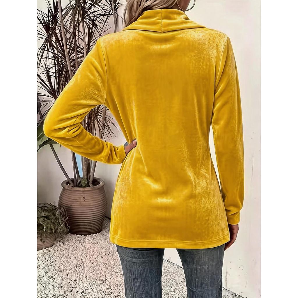 New Women's Double Breasted Decor Velvet Cardigan, Lazy Style Versatile Mid-length Top