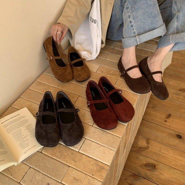 Retro late evening wind suede Mary Jane shoes children autumn and winter new red ballet light mouth soft flat single shoes women